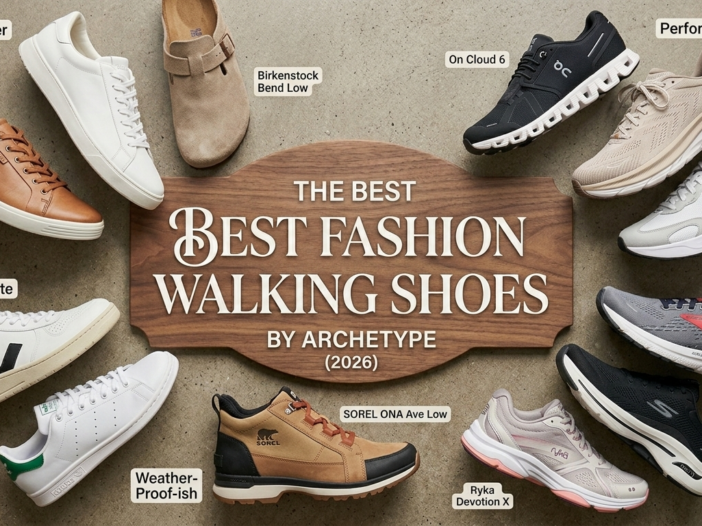 An image of the best fashion walking shoes for 2026 by archetype in a circle around a sign. There are words that list and describe each shoe type.